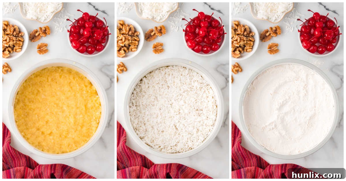 A visual guide showing crushed pineapple, coconut, and dry cake mix being layered into a springform pan.