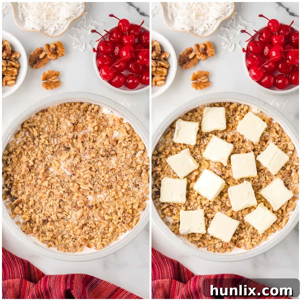 A visual guide showing chopped walnuts and butter chunks being added as the final layers to the Fool's Cake in a springform pan.