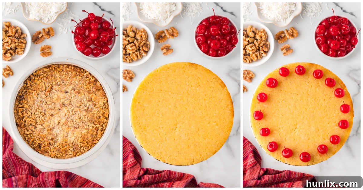 A collage showing the Fool's Cake baking in the oven and then being garnished with maraschino cherries.