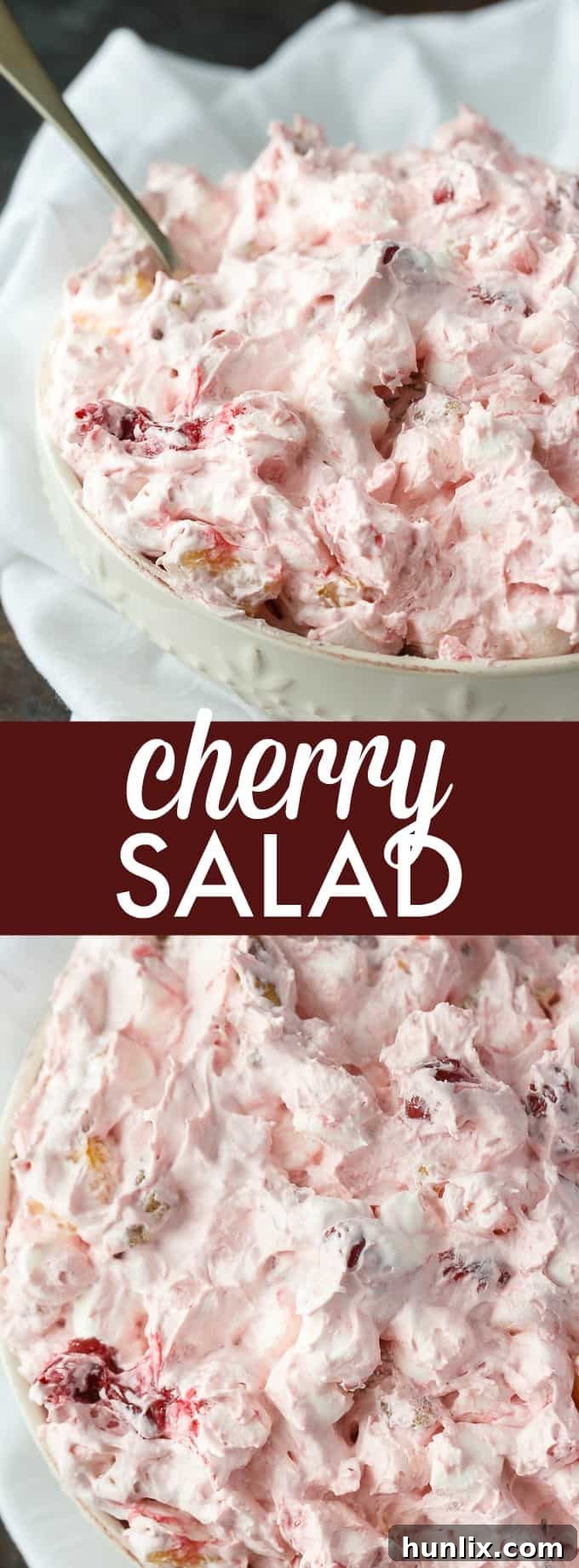 A long collage showcasing various images of the Cherry Salad in different settings and stages of preparation.