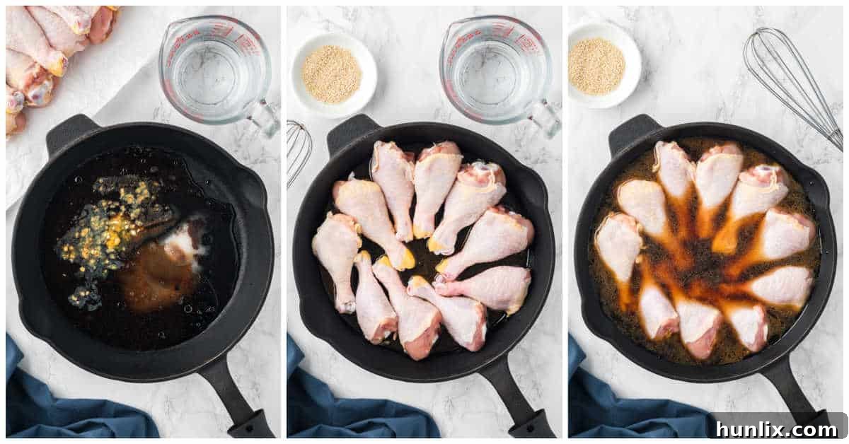 Collage showing chicken drumsticks being cooked in a cast iron pan with sauce, illustrating the preparation steps.