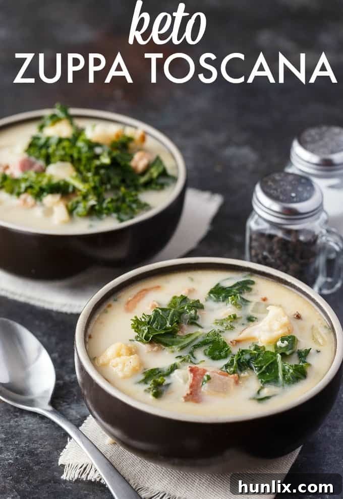 Creamy Keto Tuscan Sausage Soup 7 Keto Zuppa Toscana - A keto friendly version of the famous Tuscan soup! It's filled with kale, bacon, sausage, roasted cauliflower immersed in a creamy broth.
