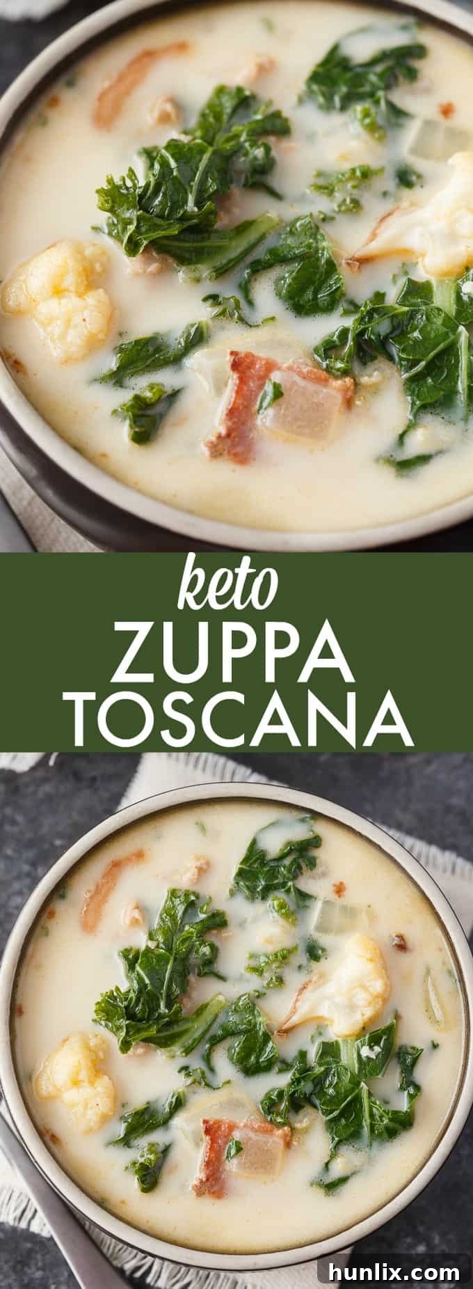 Creamy Keto Tuscan Sausage Soup 9 Keto Zuppa Toscana - A keto friendly version of the famous Tuscan soup! It's filled with kale, bacon, sausage, roasted cauliflower immersed in a creamy broth.