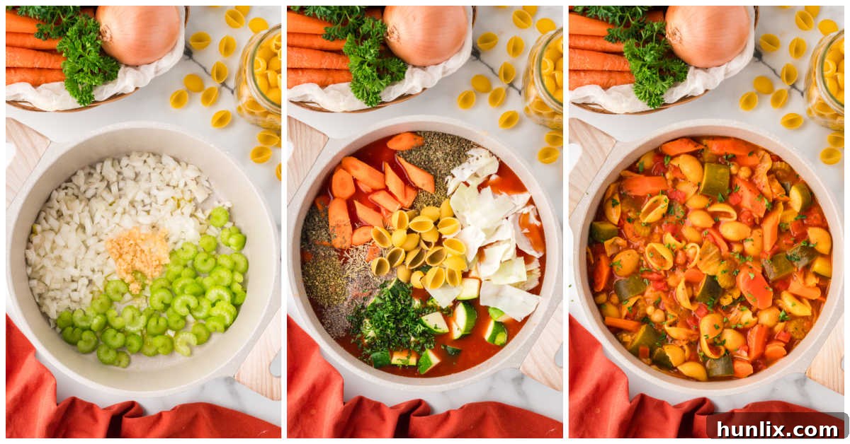 Hearty Italian Vegetable and Pasta Soup 4 A collage showing the step-by-step process of making minestrone soup in a large pot, from sautéing vegetables to simmering the full pot of ingredients.