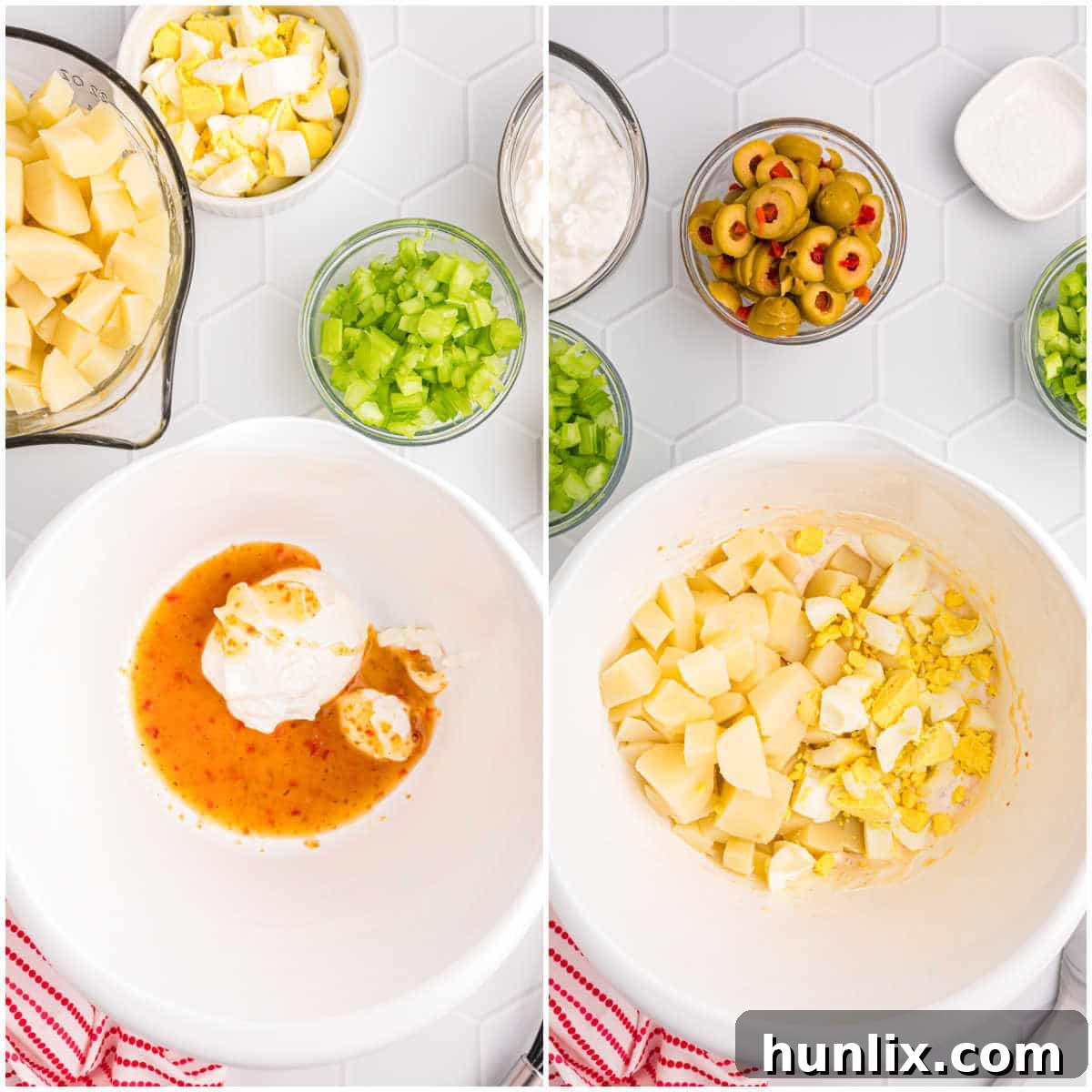 A close-up image showing the initial steps of making cheese potato salad, with sour cream and Italian dressing being mixed in a bowl.