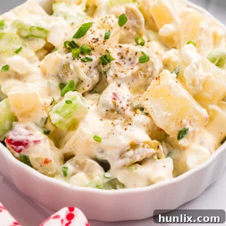 A delectable bowl of cheese potato salad, garnished for an appealing presentation.