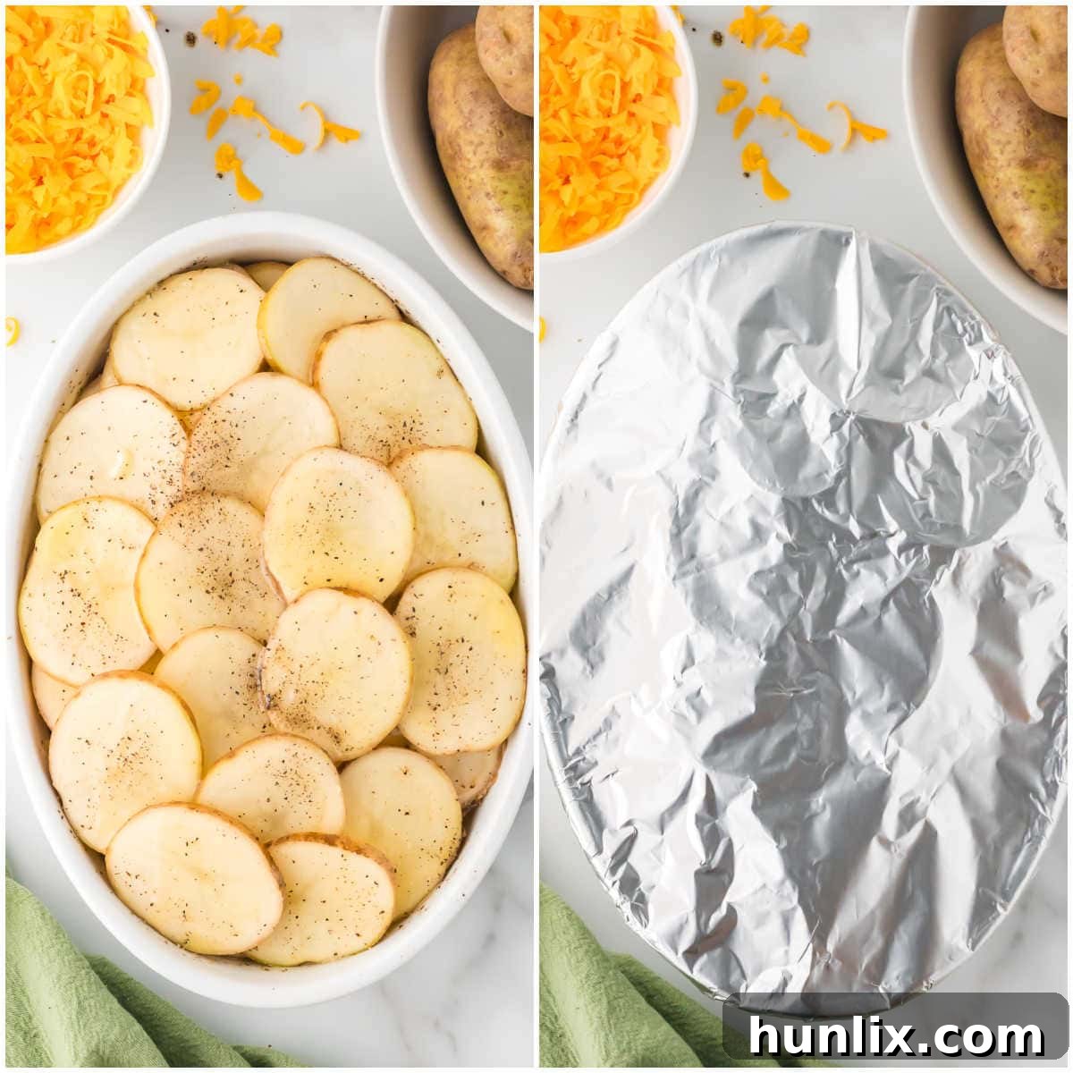 Collage of baking the potatoes in a casserole dish.