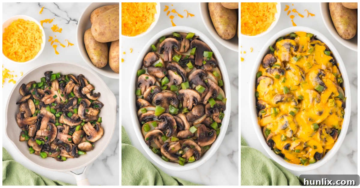 Collage of cooking the toppings and adding to the casserole.