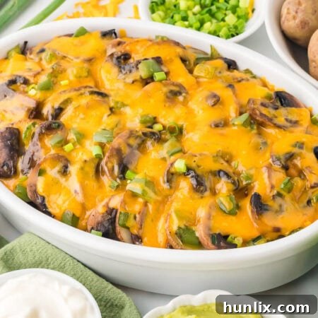 The recipe in a white casserole dish.