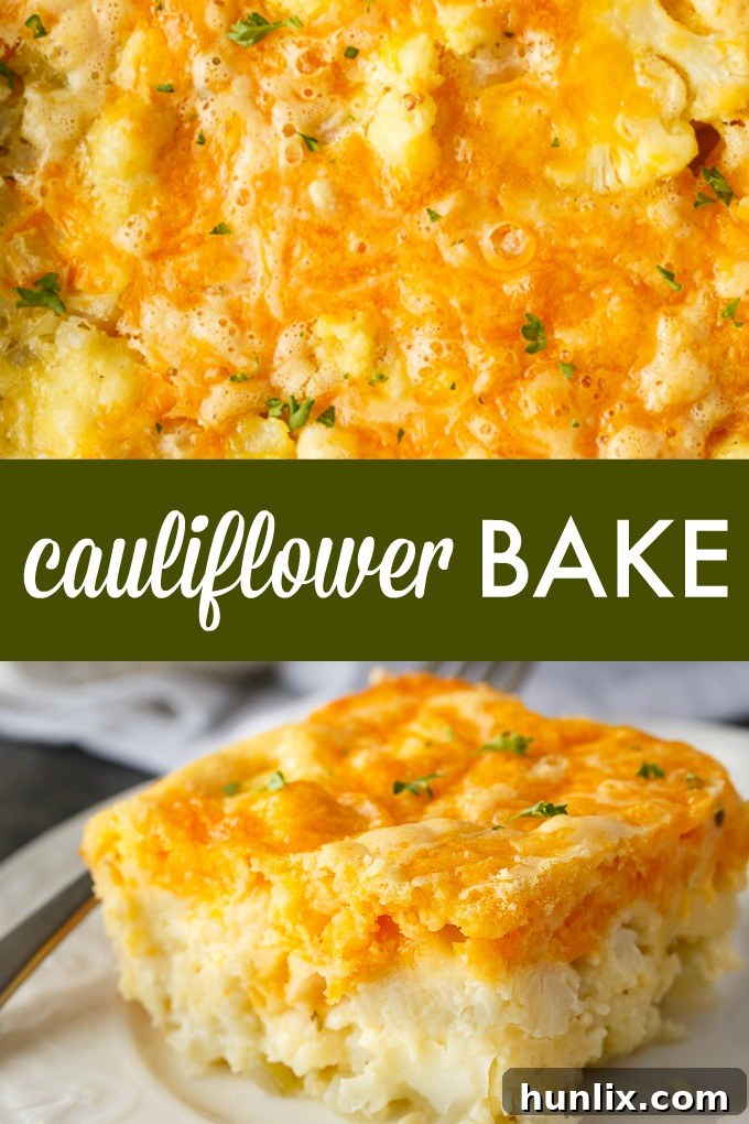 A collage featuring different angles and close-ups of the cauliflower bake, highlighting its golden crust and cheesy interior.