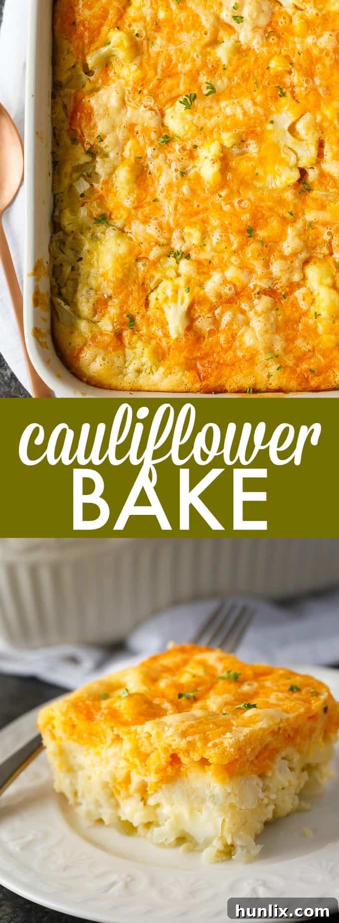 A vibrant, long collage showcasing various cauliflower dishes, including the baked casserole, roasted florets, and soups.
