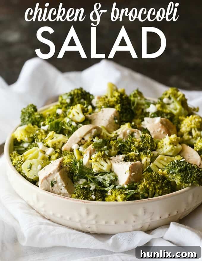 A graphic promoting Chicken & Broccoli Salad as an easy and delicious meal option.