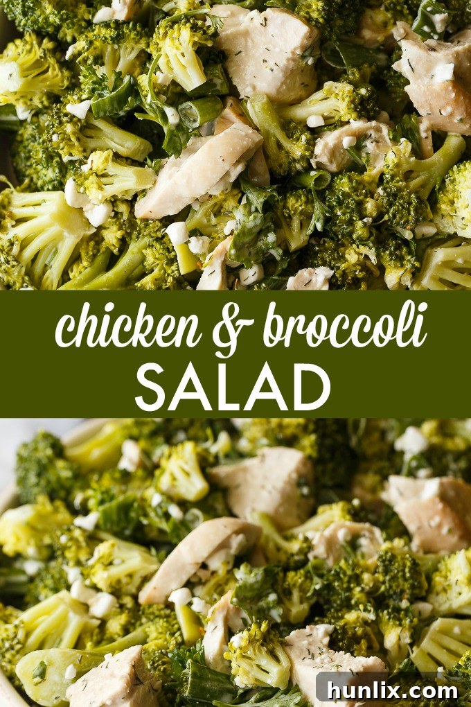 A vibrant collage of images showcasing the creamy chicken and broccoli salad from various angles, highlighting its fresh ingredients and appetizing texture.