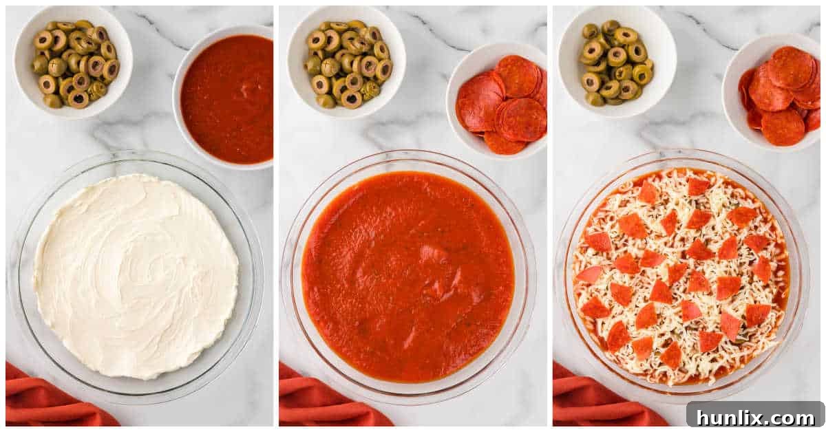 A four-panel collage showing the preparation of pizza dip in a pie pan: softened cream cheese, then pizza sauce, then toppings, and finally ready for the oven.