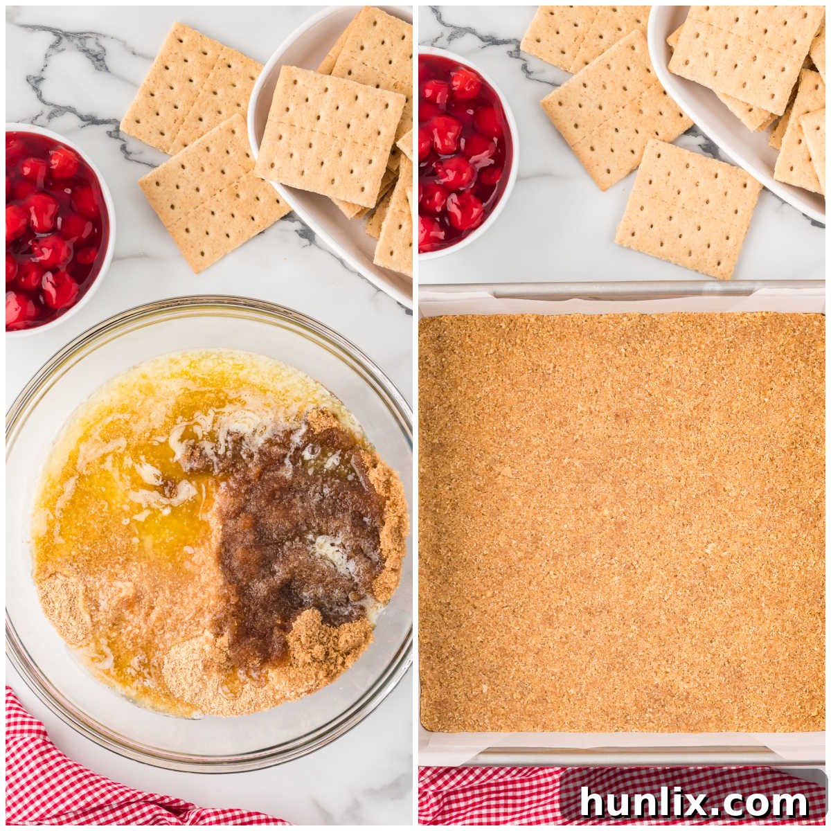 Collage showing steps for making the graham cracker crust.