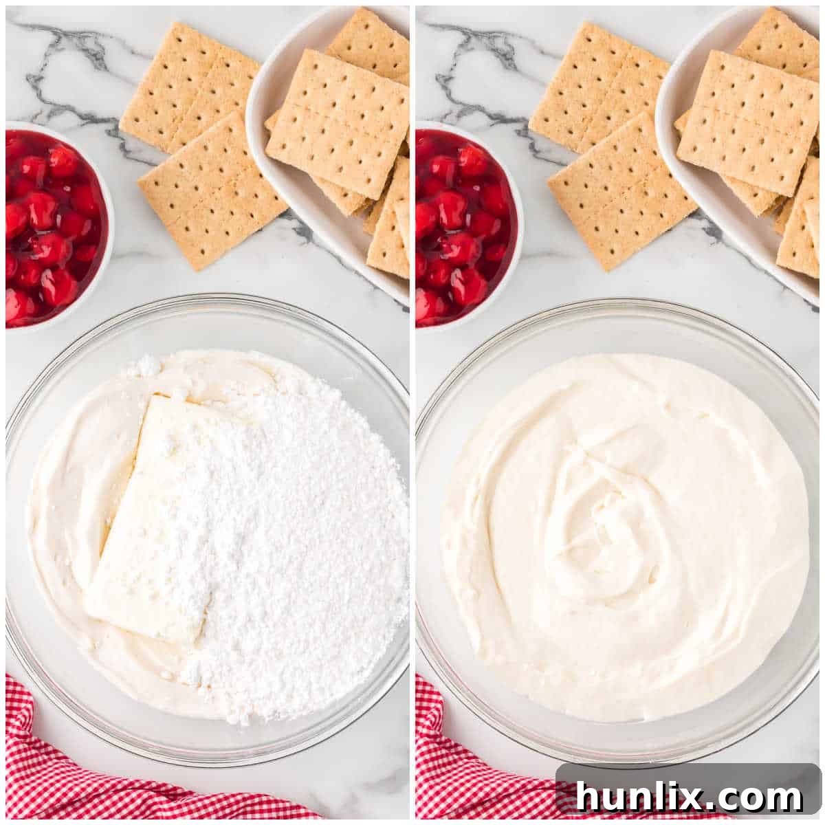 Collage showing ingredients for the filling being mixed in a bowl.