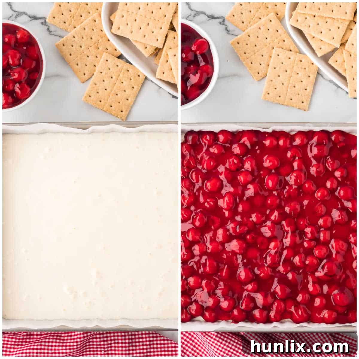 Collage showing the cheesecake filling and cherry topping being added to the pan.