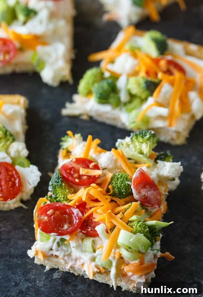 Vegetable Pizza - This easy appetizer is perfect for parties and potlucks. It's made with crescent roll dough, ranch dressing mix and loads of fresh, crispy veggies. Yum!