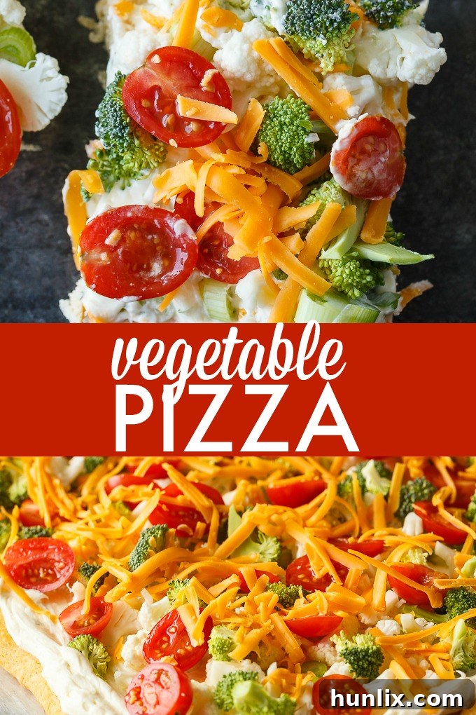 Vegetable Pizza - This easy appetizer is perfect for parties and potlucks. It's made with crescent roll dough, ranch dressing mix and loads of fresh, crispy veggies. Yum!