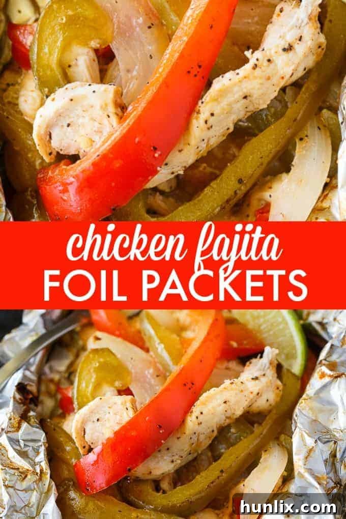 Zesty Chicken Fajita Foil Dinners 7 Collage of Chicken Fajita Foil Packet images, showcasing preparation steps and the final grilled dish.