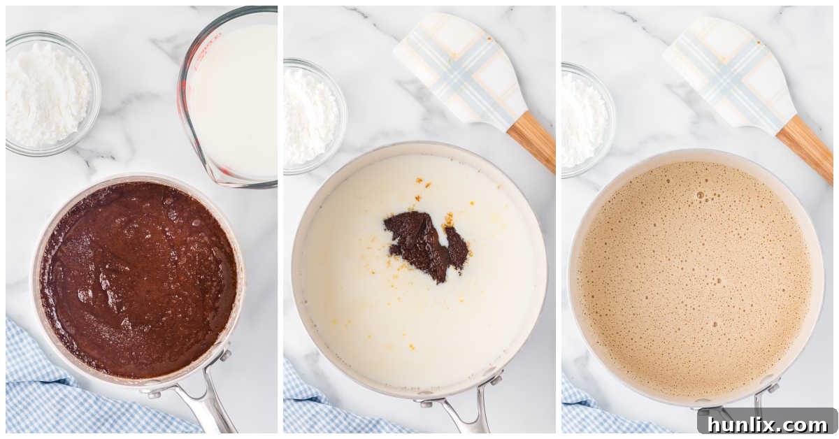 Silky Butterscotch Indulgence 4 A visual collage illustrating the initial steps of preparing butterscotch pudding: melting butter and brown sugar in a pot, and then combining it with scalded milk.