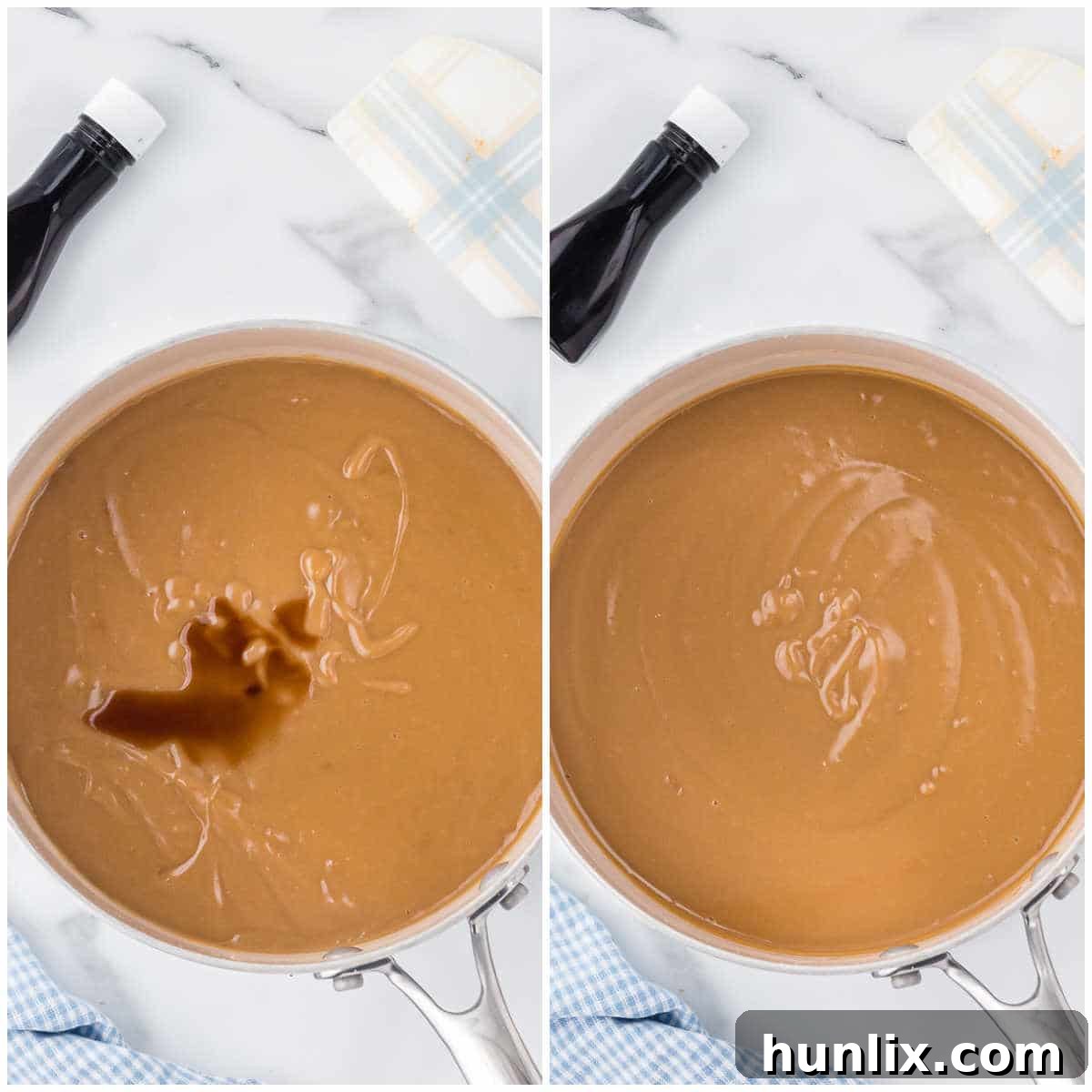 Silky Butterscotch Indulgence 6 A visual collage detailing the final steps of butterscotch pudding preparation: adding vanilla extract, and then pouring the finished pudding into individual serving dishes.