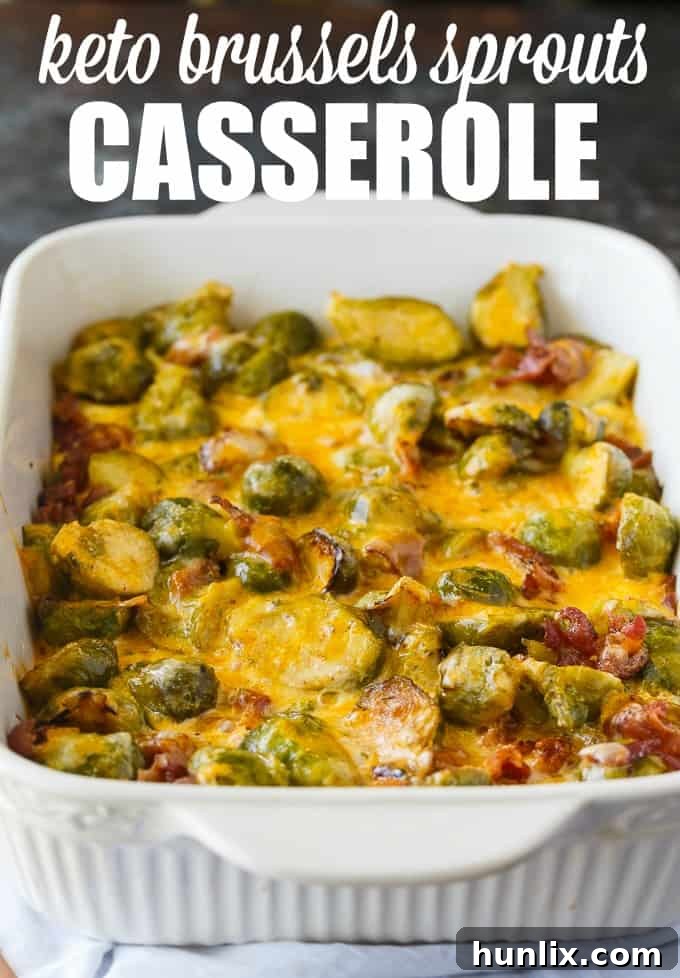 A delicious serving of Keto Brussels Sprouts Casserole with bacon and melted cheese.
