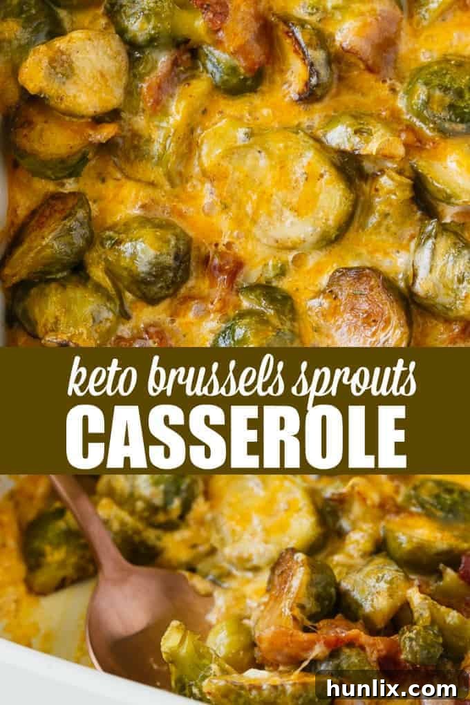 A collage of images showing the preparation and final result of Keto Brussels Sprouts Casserole.