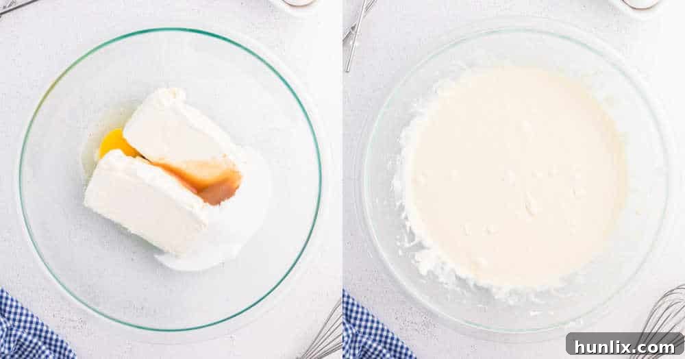 Softened cream cheese, eggs, sugar, and vanilla in a mixing bowl, ready to be beaten for the cheesecake filling.