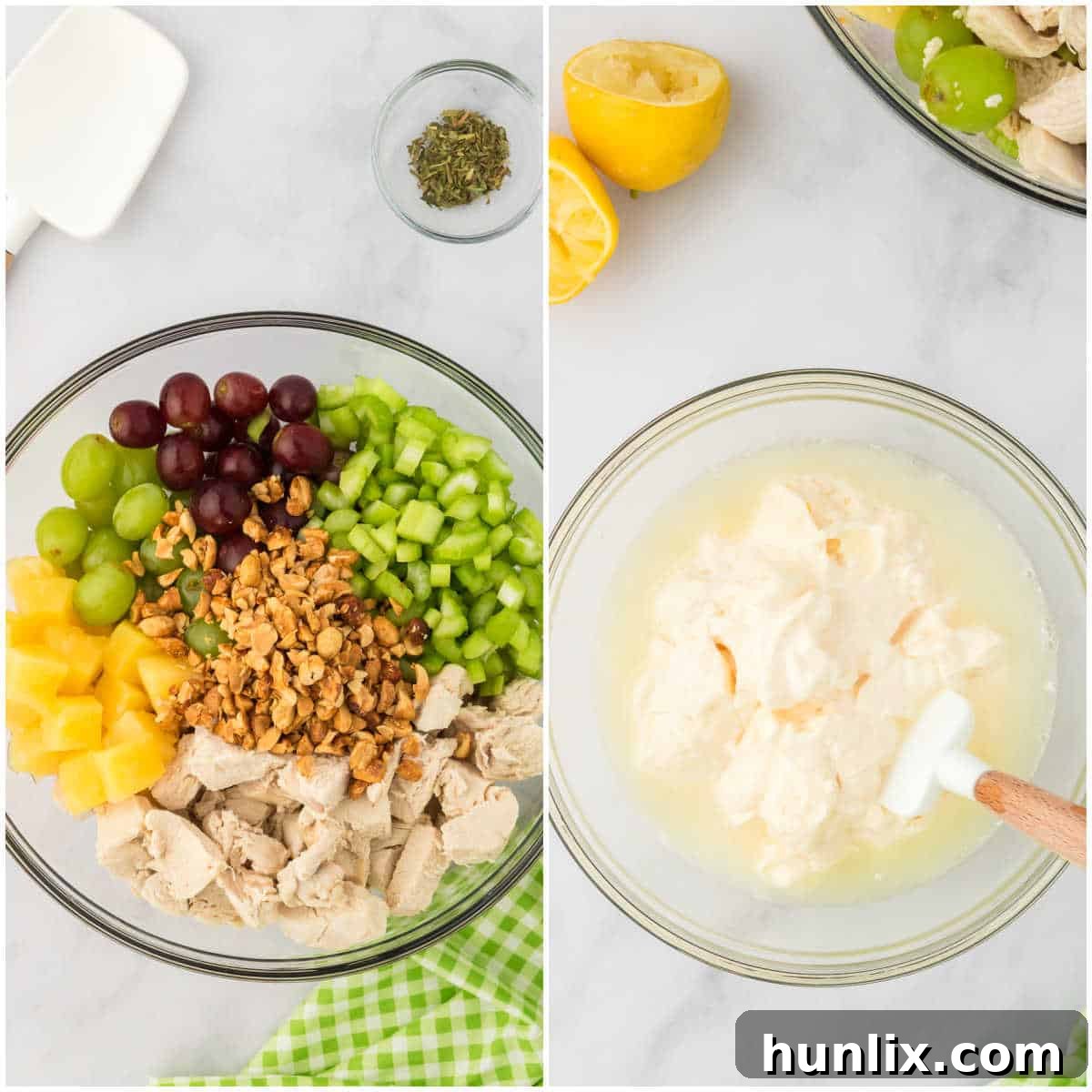 A bowl with chicken, grapes, celery, pineapple, and peanuts being tossed together in preparation for making chicken salad.