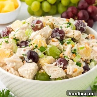 A bowl of chicken salad with grapes.