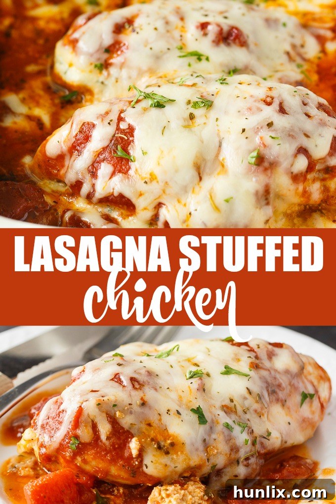 Lasagna Stuffed Chicken - Keto comfort food! Tender chicken breasts are stuffed with a ricotta filling and smothered in marinara sauce and mozzarella cheese.