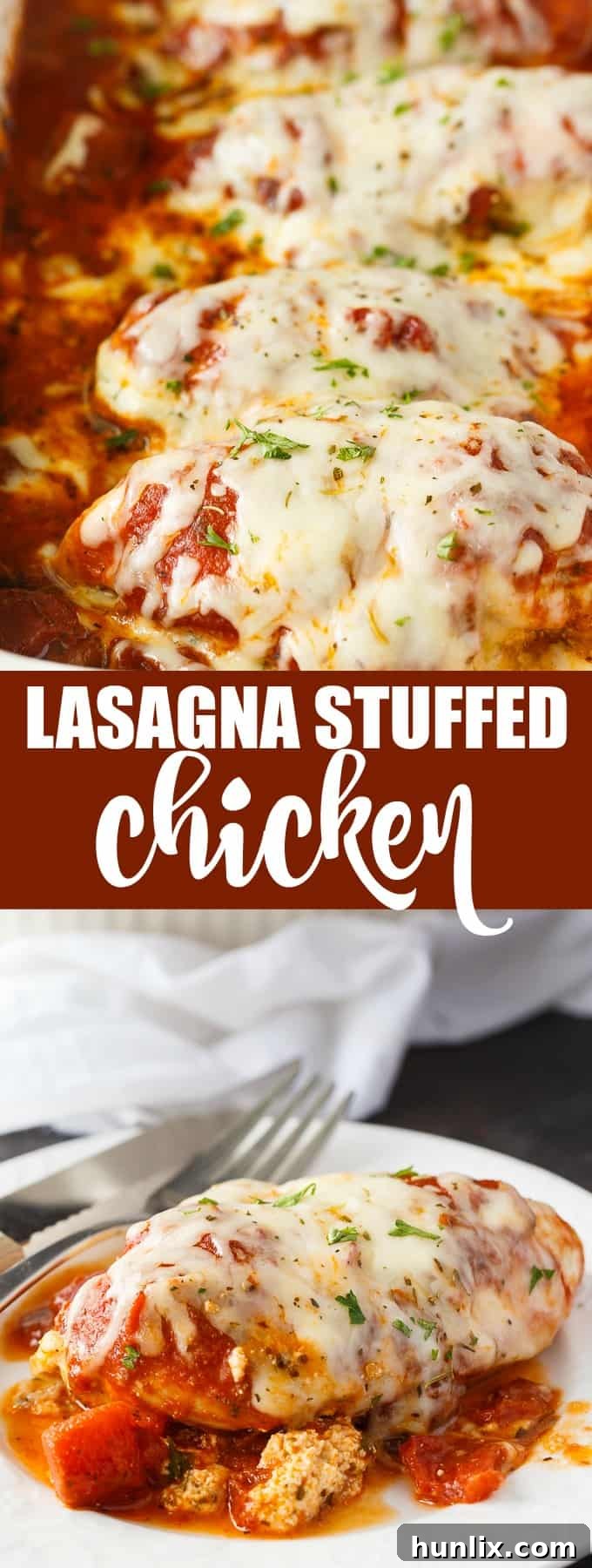 Lasagna Stuffed Chicken - Keto comfort food! Tender chicken breasts are stuffed with a ricotta filling and smothered in marinara sauce and mozzarella cheese.