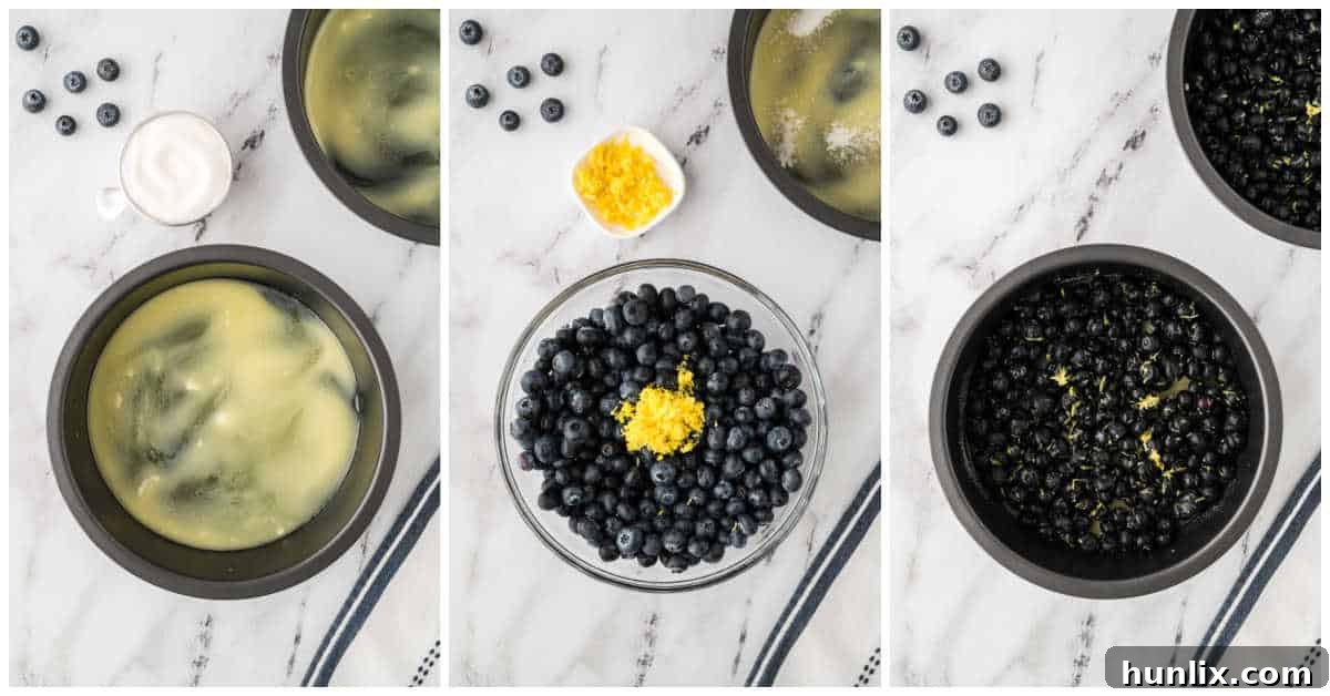 Inverted Blueberry Bliss 4 A collage showing the process of preparing the blueberry and lemon zest mixture in a bowl, ready for the cake pans.