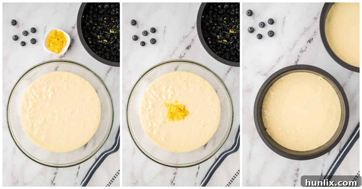 Inverted Blueberry Bliss 5 A collage showing the process of mixing the cake batter and incorporating the lemon zest, ready to be poured over the blueberries.