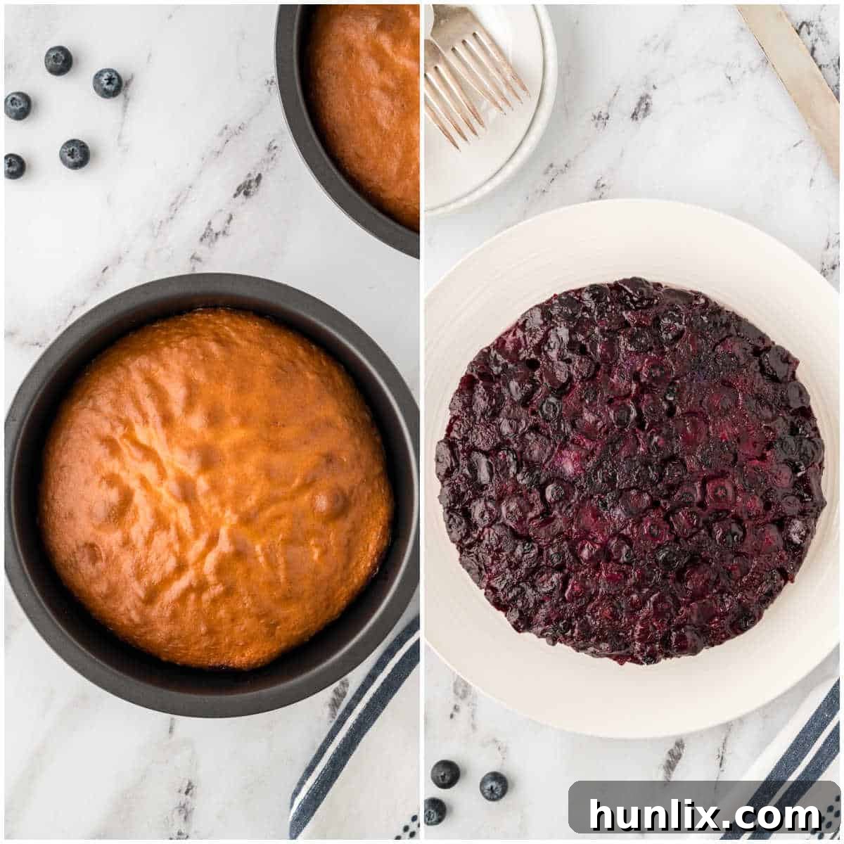 Inverted Blueberry Bliss 6 A collage illustrating the baking process of the blueberry upside down cakes, showing them in the oven and then cooling on a rack.
