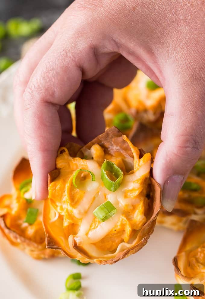 Crispy Buffalo Chicken Wonton Bites 3 Close-up of Buffalo Chicken Wonton Cups with Litehouse Ranch