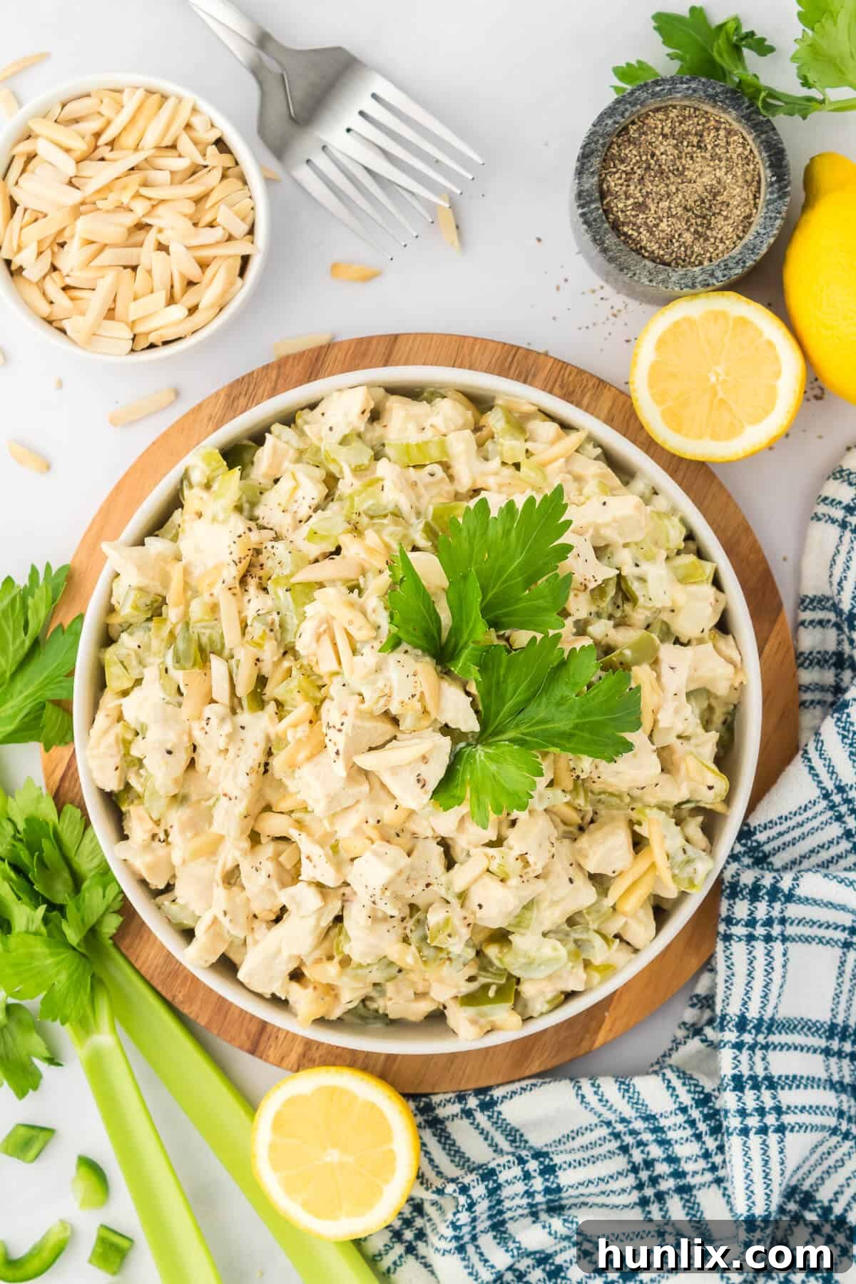 Hearty Chicken Bake 2 A bowl of hot chicken salad, garnished and ready to be served.