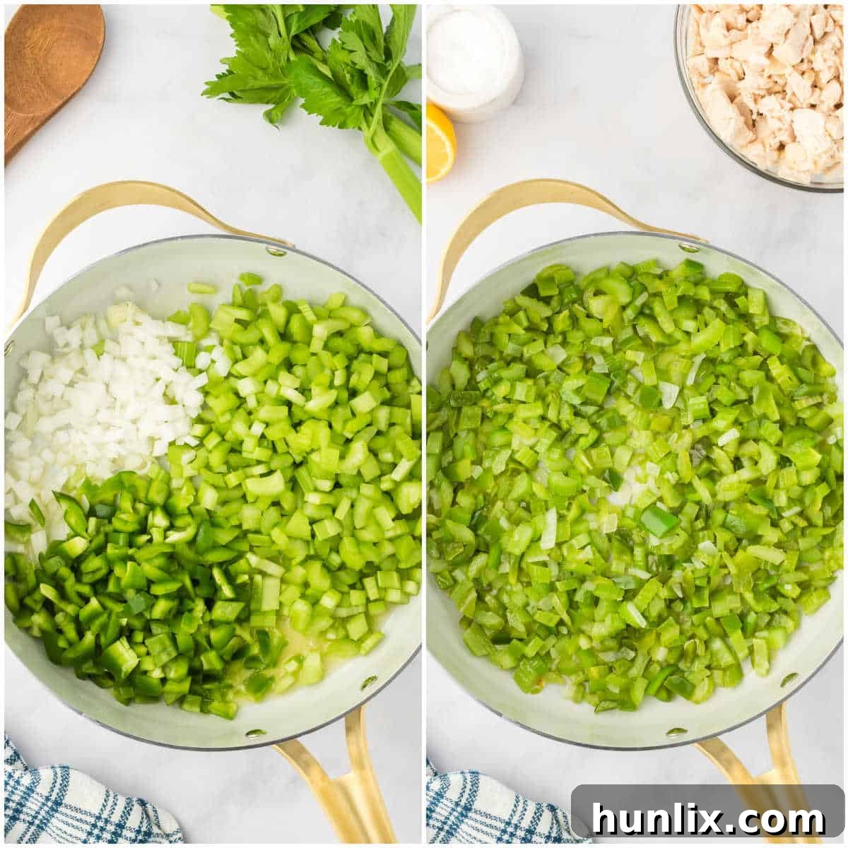 Hearty Chicken Bake 4 Collage showing the step of cooking the vegetables in a skillet.