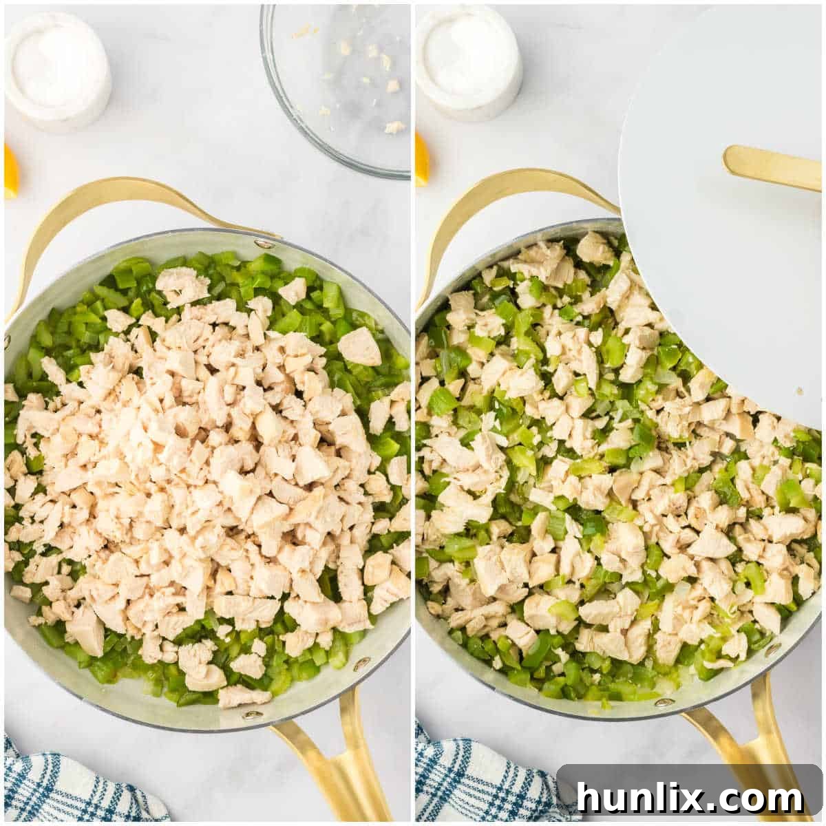 Hearty Chicken Bake 5 Collage illustrating the step of adding cooked chicken to the pot with vegetables.