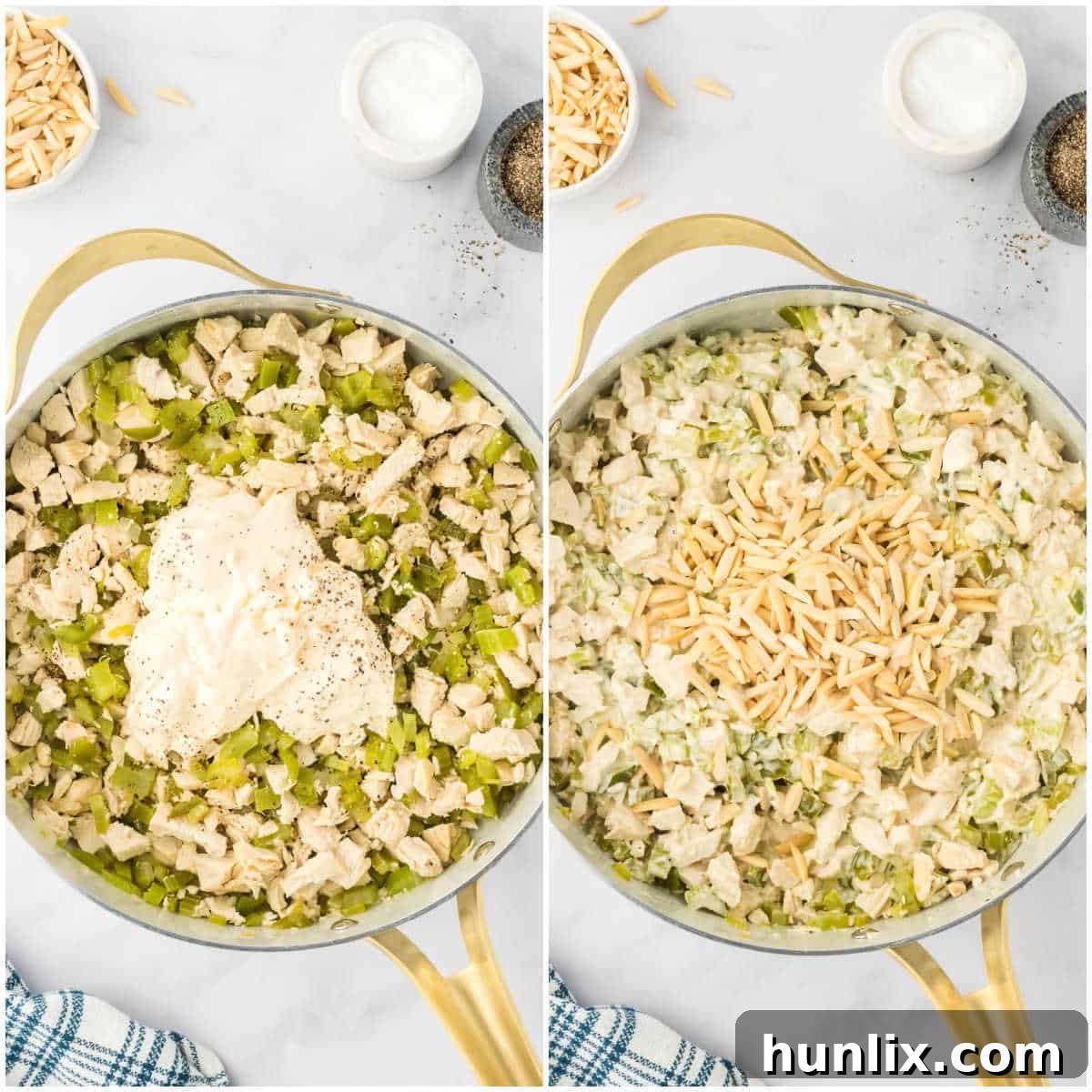 Hearty Chicken Bake 6 Collage displaying the final step of mixing in mayonnaise and almonds into the hot chicken salad.