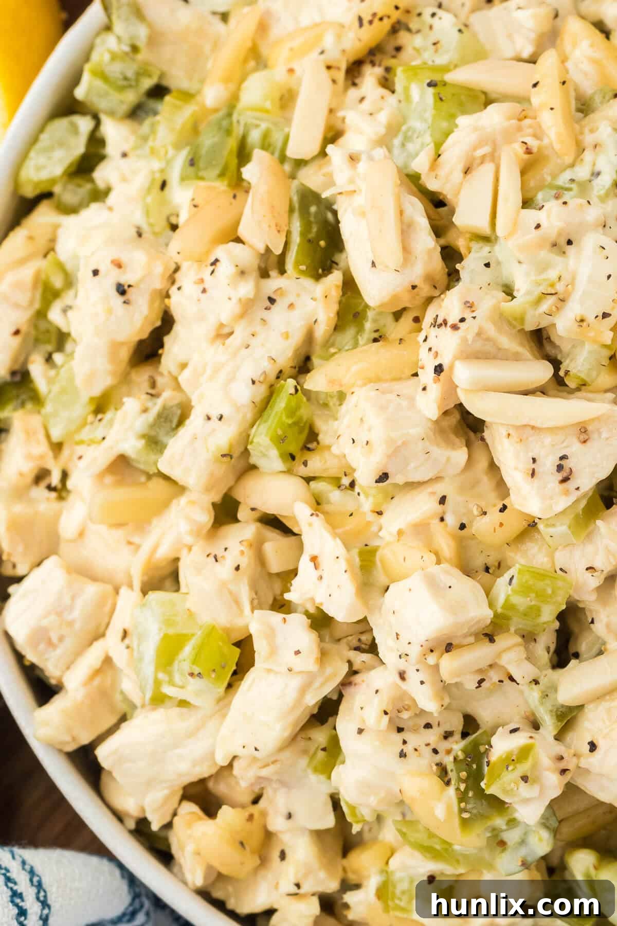 Hearty Chicken Bake 8 A close-up shot of the creamy hot chicken salad in a bowl.