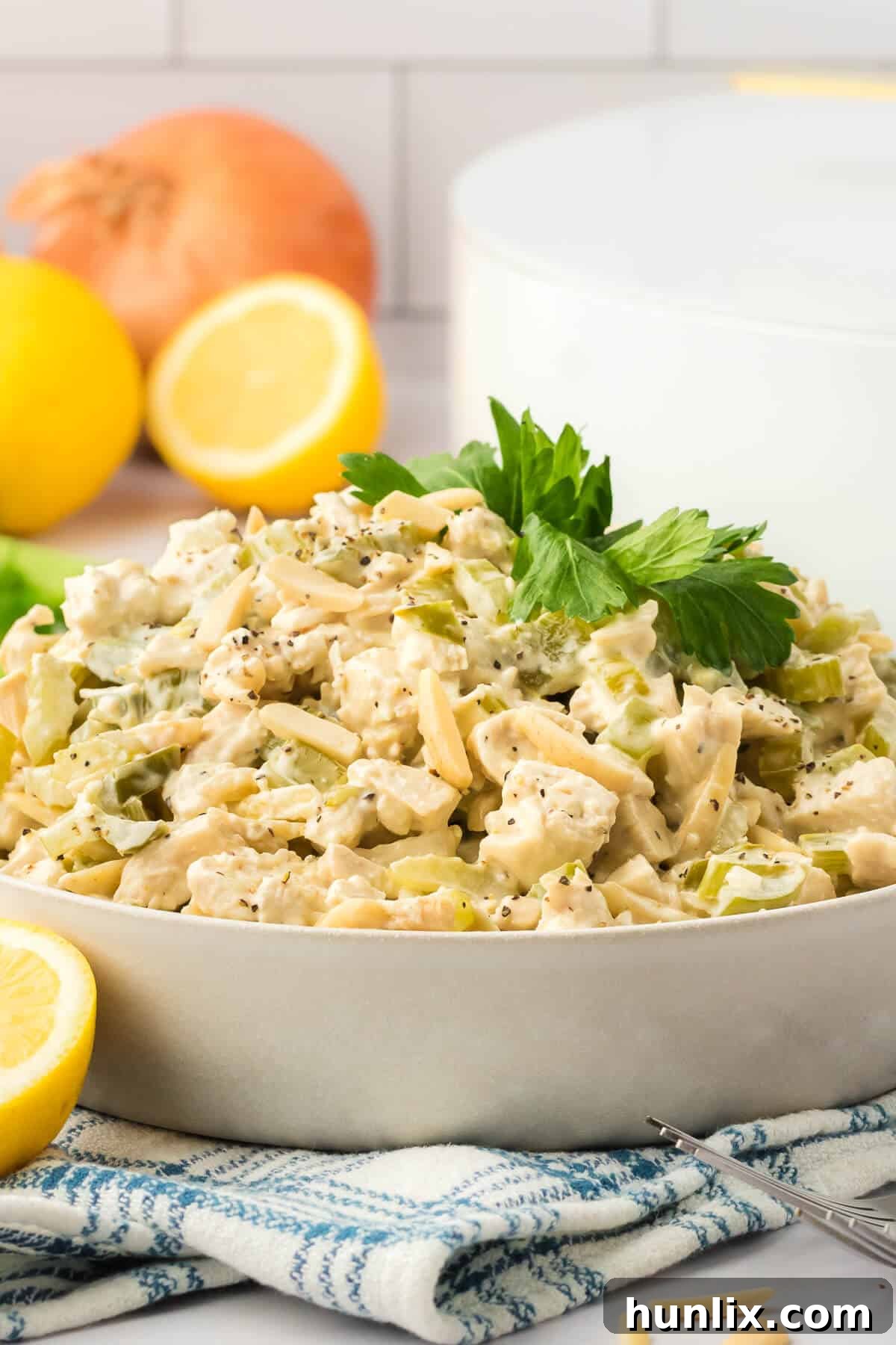 Hearty Chicken Bake 9 A white bowl filled with the hot chicken salad, ready to be enjoyed.