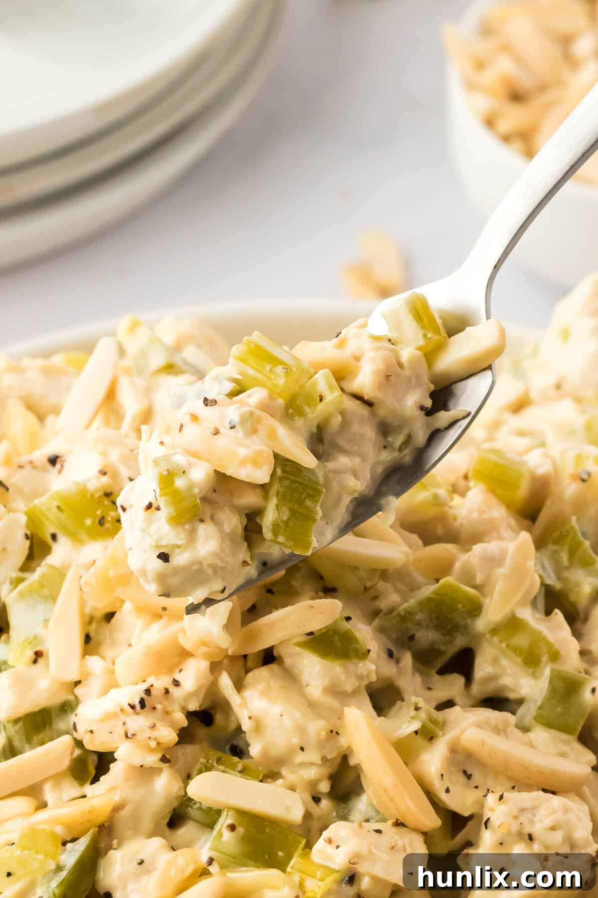 Hearty Chicken Bake 10 A spoonful of hot chicken salad being lifted from a bowl.