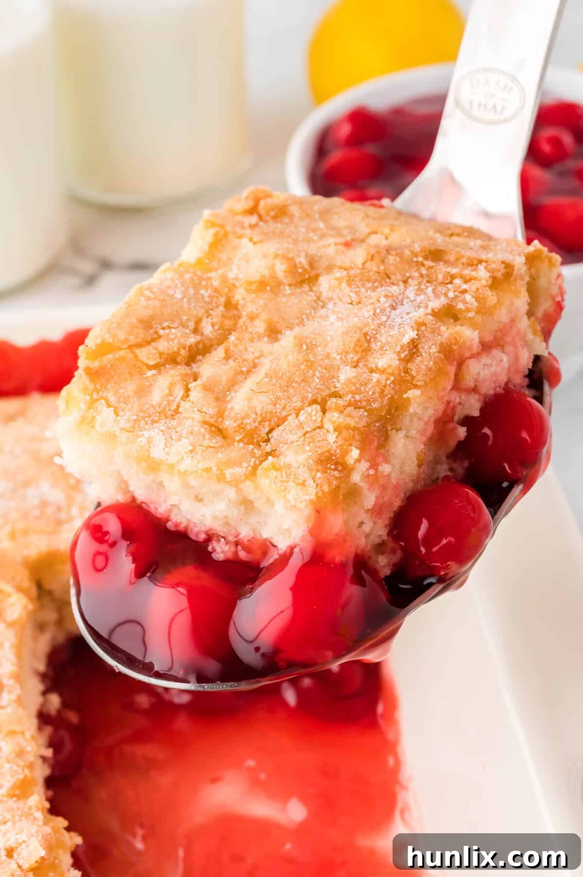 Velvet Cherry Pudding Cake 2 A piece of cherry pudding cake on a serving spoon.