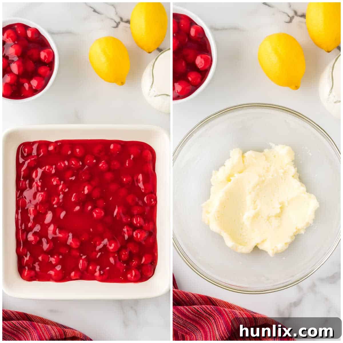 Velvet Cherry Pudding Cake 4 Collage of spreading the cherries in the pan and creaming ingredients in a bowl.