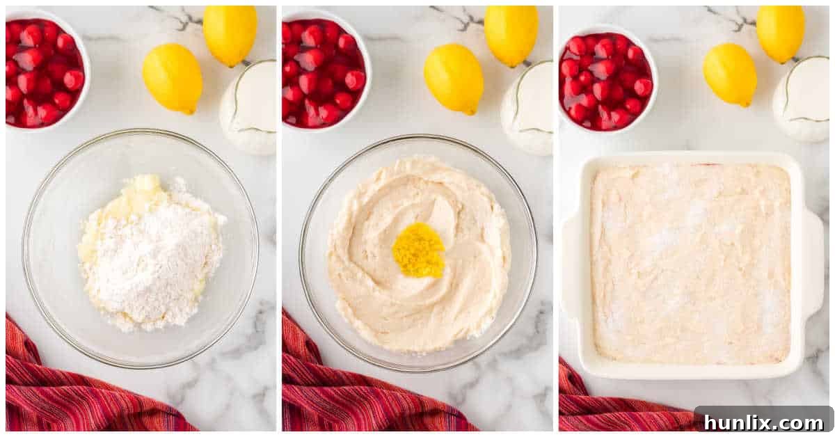 Velvet Cherry Pudding Cake 5 Collage of mixing ingredients in a bowl and spreading in a pan.