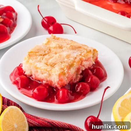 Velvet Cherry Pudding Cake 9 A slice of cake on a plate.