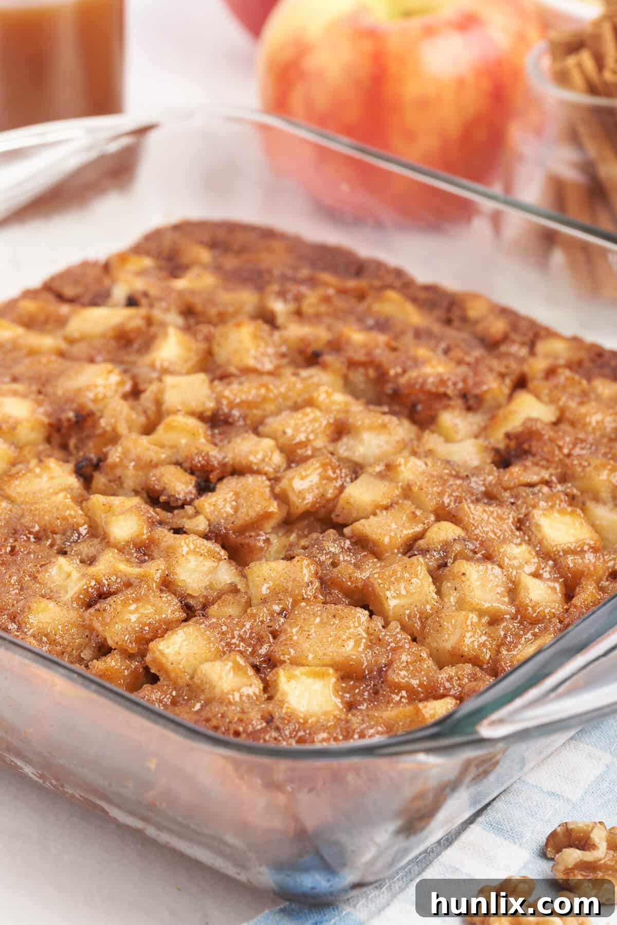 A perfectly baked Nobby Apple Cake in a square pan, ready to be sliced.