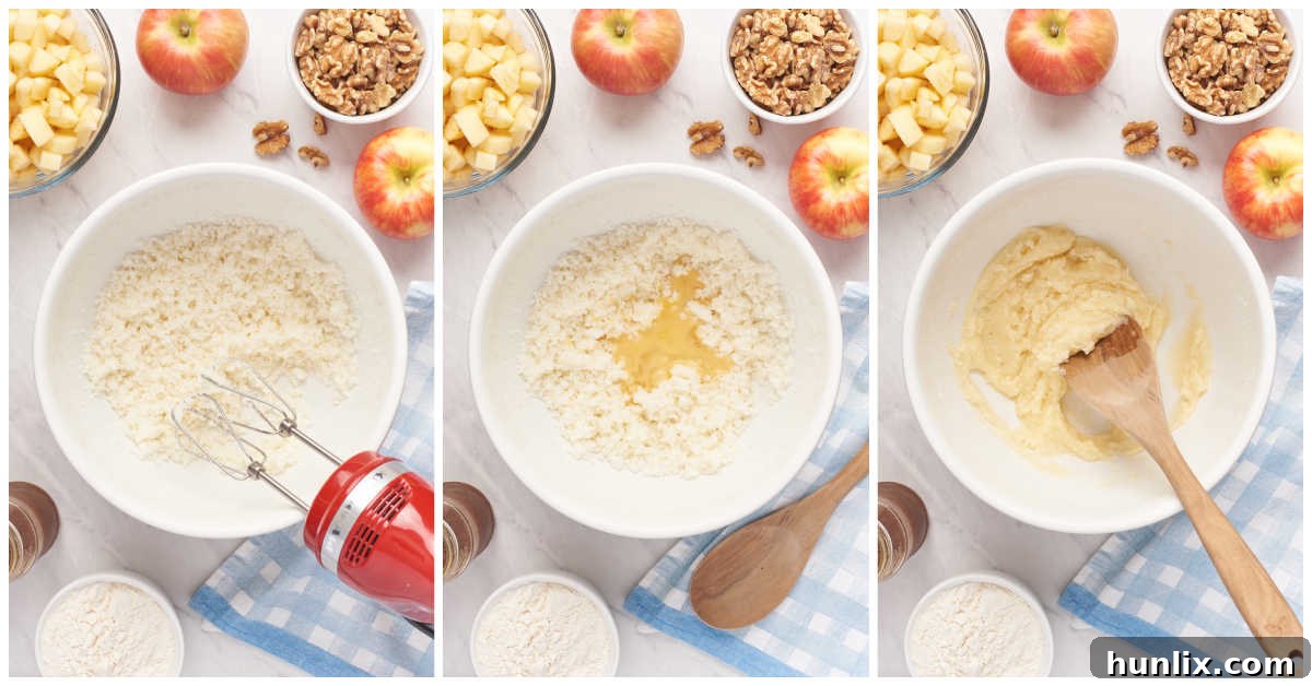 Visual representation of creaming butter and sugar, then adding eggs for the Nobby Apple Cake batter.